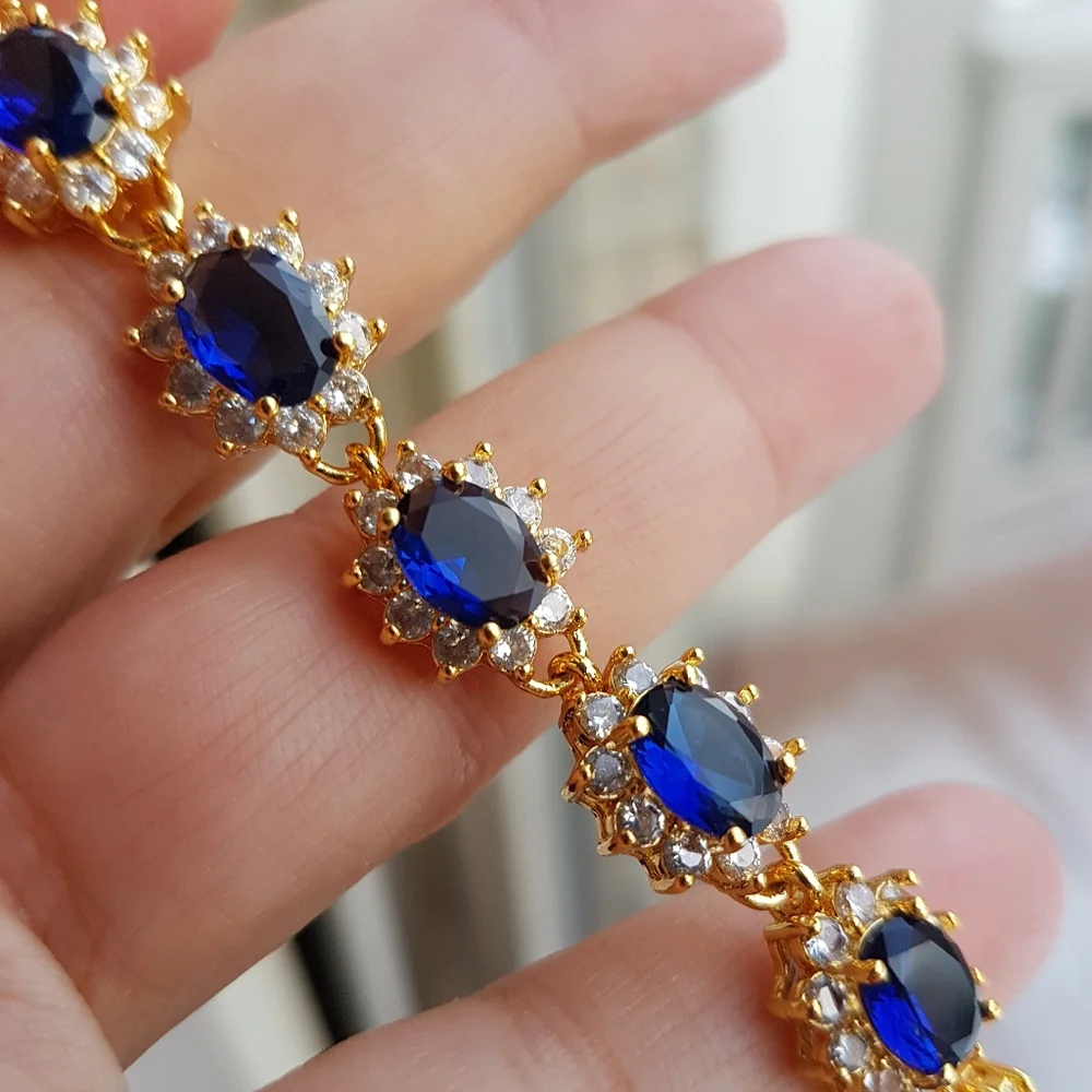 Swarovski Elements Gold 925 Sterling Silver Blue Sapphire Diana Oval Ring NEW